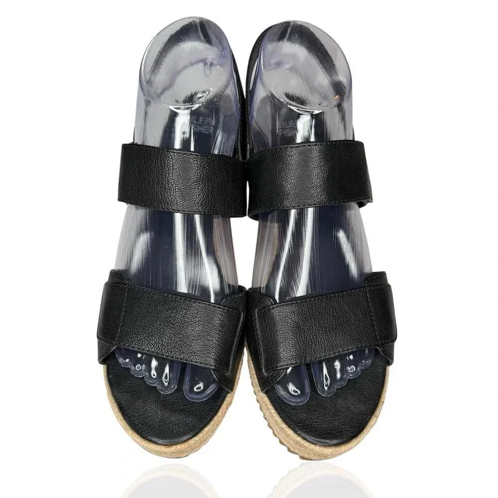 NEW Eileen Fisher 8.5 Winnie Tumbled Black Leather Espadrille Wedge‎ Sandals